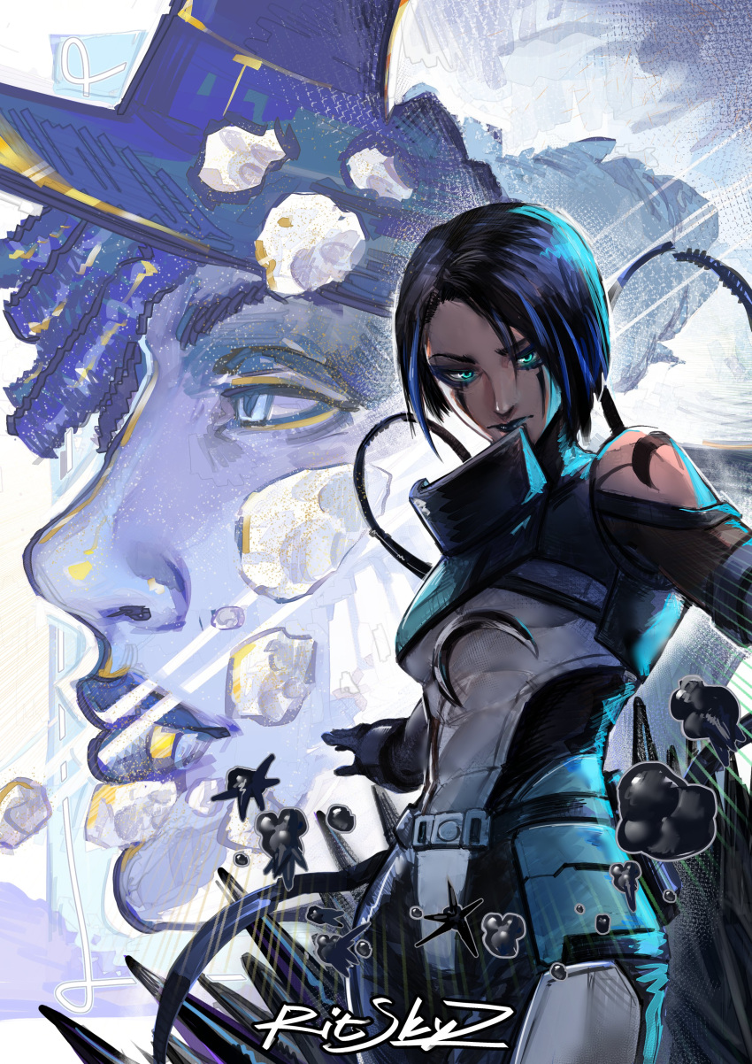 1boy, 1girl, absurdres, animification, apex_legends, artist_name, black_gloves, black_hair