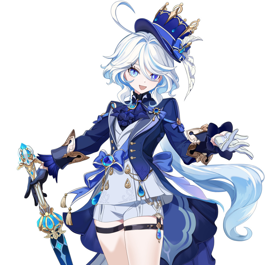 1girl, :d, ahoge, ascot, black_gloves, blue_ascot, blue_eyes, blue_hair