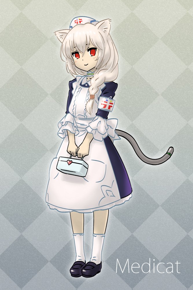 1girl, animal_ears, apron, argyle_background, armband, black_dress, black_footwear, blush