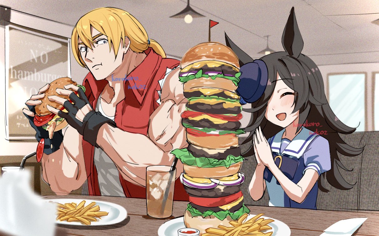 1boy, 1girl, animal_ears, black_gloves, black_hair, black_hat, blonde_hair, blush