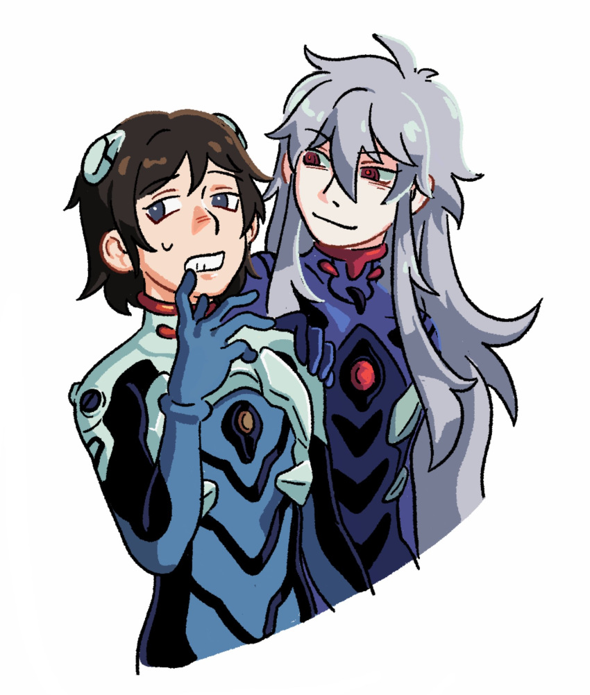 1girl, black_hair, blue_bodysuit, bodysuit, commentary, english_commentary, fishfud, genderswap, genderswap_(mtf), grey_eyes, grey_hair, hand_on_another's_shoulder, highres, ikari_shinji, interface_headset, long_hair, looking_at_another, looking_at_viewer, multiple_girls, nagisa_kaworu, neon_genesis_evangelion, pilot_suit, plugsuit, red_eyes, short_hair, simple_background, teeth, white_background