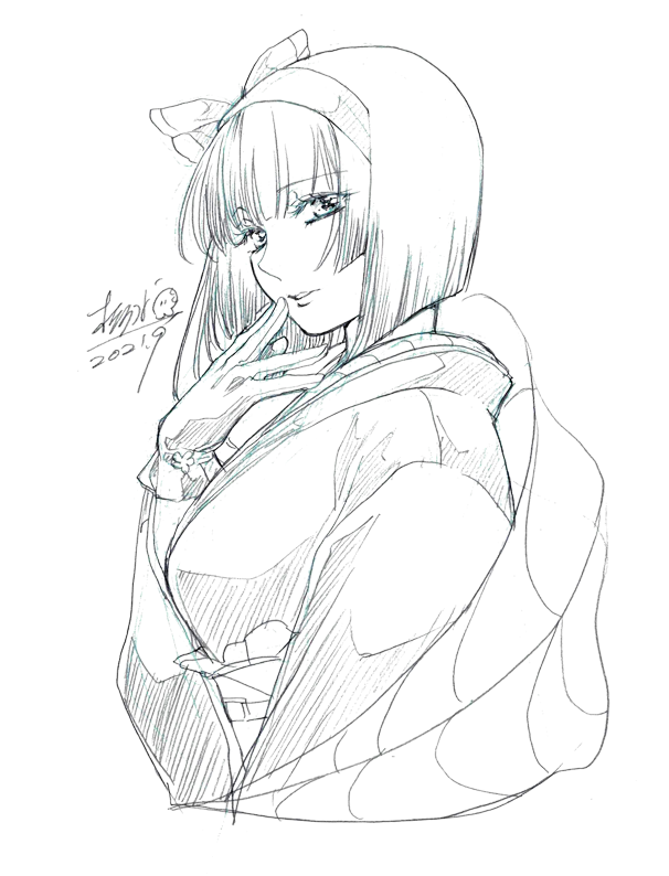 character_request, dated, gloves, greyscale, hand_up, kotoraya, looking_at_viewer, medium_hair