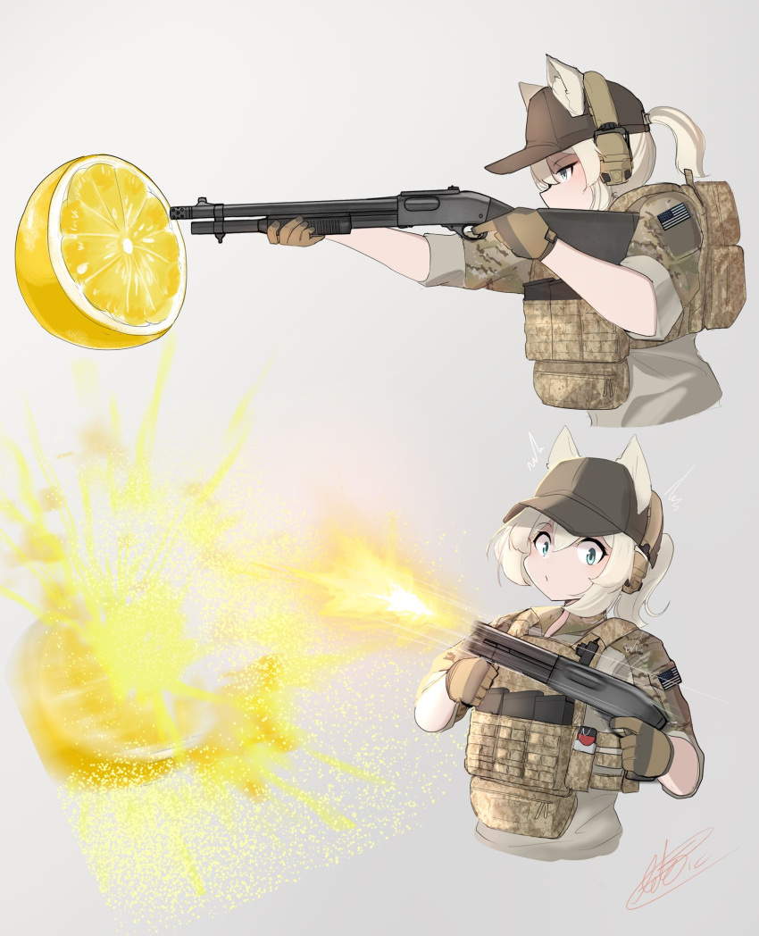 1girl, american_flag, arktic, camouflage, cat_girl, firing, food, fruit