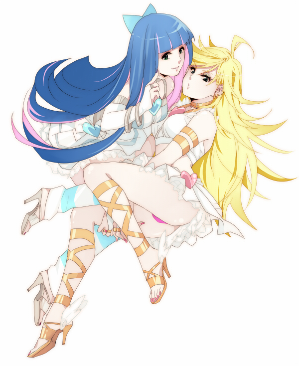 alternate_costume, blonde_hair, blue_eyes, blue_hair, hair_bow, high_heels, long_hair, multiple_girls