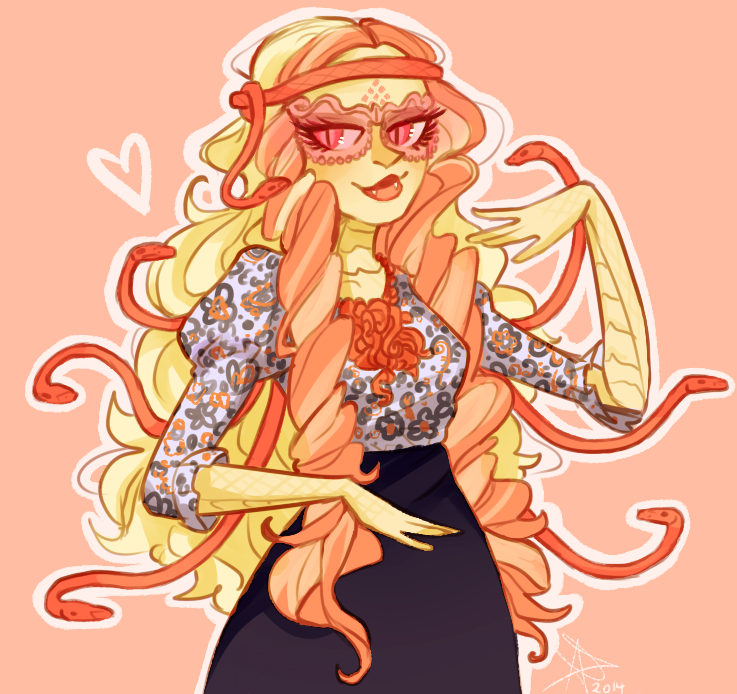 1girl, black_skirt, dress, floral_print, life-writer, long_skirt, looking_at_viewer, monster_high, multicolored_hair, pink-tinted_eyewear, pink_eyes, pink_hair, skirt, slit_pupils, snake_hair, solo, tinted_eyewear, two-tone_hair, viperine_gorgon