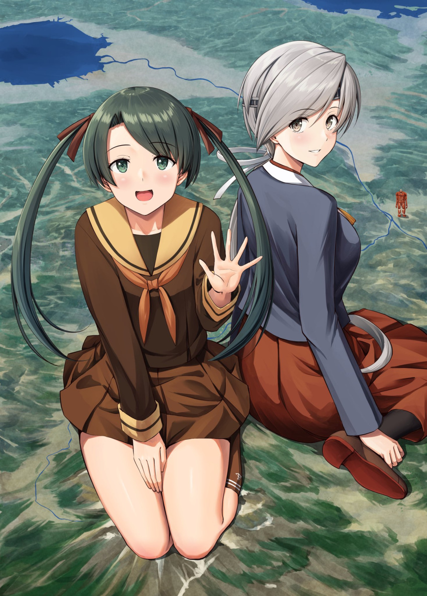 1boy, 2girls, anchor_symbol, black_jacket, black_pantyhose, blush, brown_serafuku, brown_skirt, brown_socks, chitose_(kancolle), colossal_titan, green_eyes, green_hair, grey_eyes, grey_hair, highres, ichikawa_feesu, jacket, kantai_collection, long_hair, long_sleeves, looking_at_viewer, mikuma_(kancolle), mikuma_kai_ni_(kancolle), multiple_girls, neckerchief, open_mouth, orange_neckerchief, pantyhose, pleated_skirt, red_skirt, sailor_collar, school_uniform, serafuku, shingeki_no_kyojin, sitting, skirt, smile, socks, titan_(shingeki_no_kyojin), twintails, yellow_sailor_collar