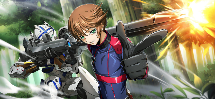 1boy, alexander_(code_geass), alexander_type-02, artist_request, black_gloves, blue_bodysuit, bodysuit, brown_hair, code_geass, code_geass:_lost_stories, covered_collarbone, covered_navel, finger_gun, firing, forest, game_cg, gloves, green_eyes, grin, gun, half-closed_eyes, hand_on_own_hip, happy, highres, holding, holding_gun, holding_weapon, looking_at_viewer, male_focus, mecha, muzzle_flash, naruse_yukiya, nature, non-web_source, official_art, outdoors, pointing, pointing_at_viewer, rifle, robot, short_hair, sidelocks, skin_tight, smile, sniper_rifle, solo, standing, swept_bangs, teeth, tree, two-handed, upper_body, weapon