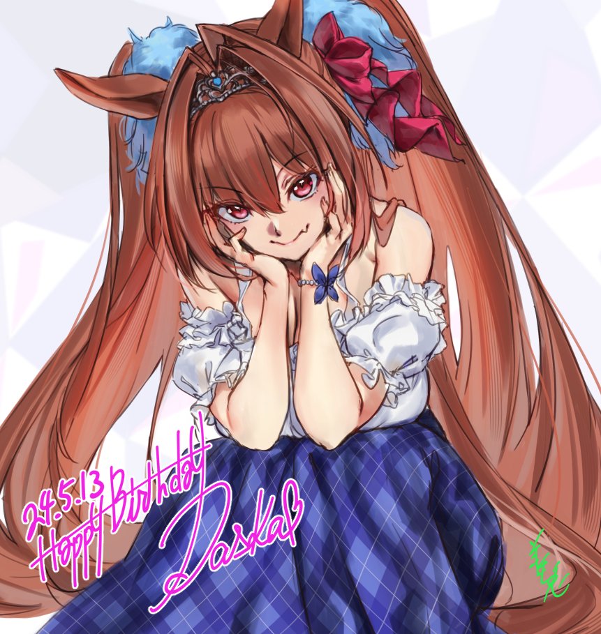 1girl, animal_ears, brown_hair, daiwa_scarlet_(umamusume), dated, fang, hair_intakes, happy_birthday