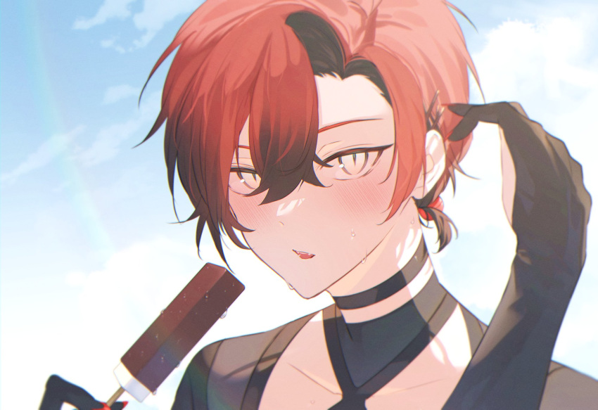 1boy, bishounen, black_gloves, blush, food, gloves, hand_up, highres