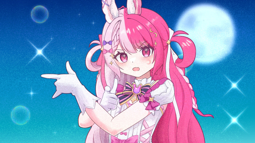 1girl, \m/, animal_ears, blurry, blurry_background, bow, bowtie, braid, brooch, center_frills, collar, crescent, crescent_facial_mark, crescent_hair_ornament, dress, english_commentary, facial_mark, fang, finger_gun, frilled_collar, frilled_gloves, frills, gloves, hair_bow, hair_ornament, hair_ribbon, hair_rings, highres, idol_corp, jewelry, lalabell_lullaby, lens_flare, light_blush, looking_at_viewer, magical_girl, moon, multicolored_hair, night, night_sky, orenji, pink_bow, pink_hair, pink_ribbon, pointing, pointing_at_viewer, pose_imitation, puffy_short_sleeves, puffy_sleeves, purple_bow, purple_bowtie, rabbit_brooch, rabbit_ears, rabbit_girl, ribbon, short_sleeves, skin_fang, sky, sleeve_bow, solo, sparkle, sparkle_hair_ornament, split-color_hair, star_ahoge, star_brooch, tsuki_ni_kawatte_oshioki_yo, two_side_up, upper_body, v-shaped_eyebrows, virtual_youtuber, white_dress, white_gloves, white_ribbon