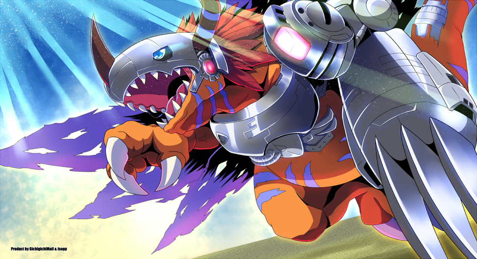 blue_eyes, blue_skin, colored_skin, cyborg, desert, digimon, digimon_(creature), dinosaur