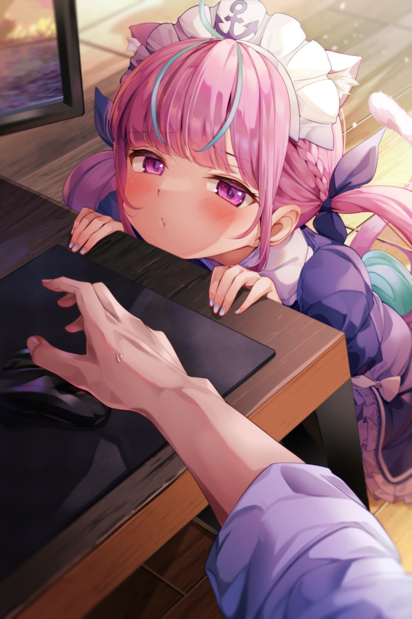 1girl, animal_ear_fluff, animal_ears, blue_dress, blue_hair, blue_nails, blue_ribbon, cat_ears, cat_tail, dress, drill_hair, fof_(fof_0016), hair_ribbon, highres, hololive, long_hair, looking_at_viewer, maid, maid_headdress, minato_aqua, minato_aqua_(1st_costume), nail_polish, pink_hair, ribbon, tail, twin_drills, violet_eyes, virtual_youtuber, white_headdress