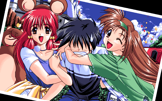1990s_(style), 1boy, 2girls, :d, ;d, amazuyu_tatsuki, animal_ears, arm_grab