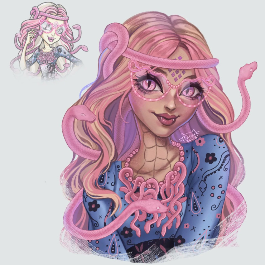 1girl, arttsuu, dress, floral_print, highres, looking_at_viewer, monster_high, multicolored_hair