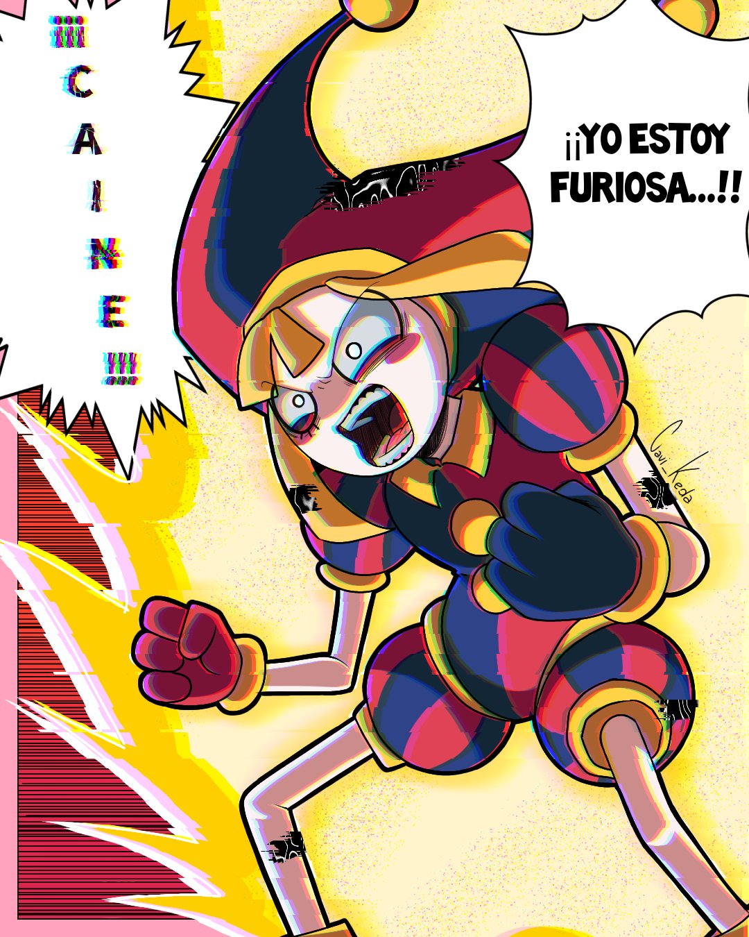 1girl, anger_vein, angry, asymmetrical_gloves, aura, blonde_hair, blue_gloves, blush_stickers, cavi_keda, chromatic_aberration, clenched_teeth, colored_skin, corruption, dragon_ball, dragon_ball_z, emphasis_lines, glitch, gloves, hat, hat_bell, highres, hunched_over, jester, jester_cap, jester_costume, mismatched_gloves, multicolored_clothes, multicolored_hat, no_nose, open_mouth, parody, pomni_(the_amazing_digital_circus), powering_up, puffy_short_sleeves, puffy_sleeves, red_gloves, scene_reference, screaming, short_hair, short_sleeves, solo, spanish_text, striped_clothes, striped_headwear, super_saiyan, super_saiyan_1, teeth, the_amazing_digital_circus, transformation, veins, vertical-striped_bodysuit, vertical-striped_clothes, vertical-striped_headwear, white_eyes, white_skin