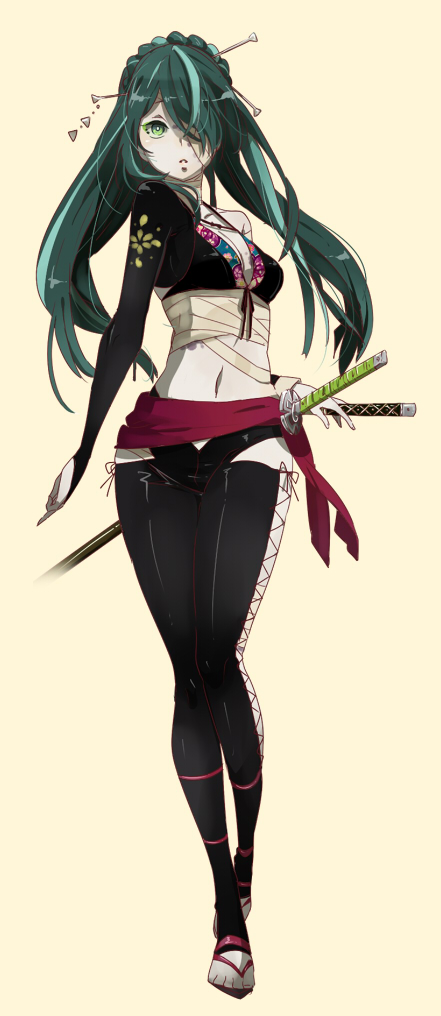 84k, alternate_costume, alternate_hairstyle, green_eyes, green_hair, hair_over_one_eye, hatsune_miku, katana