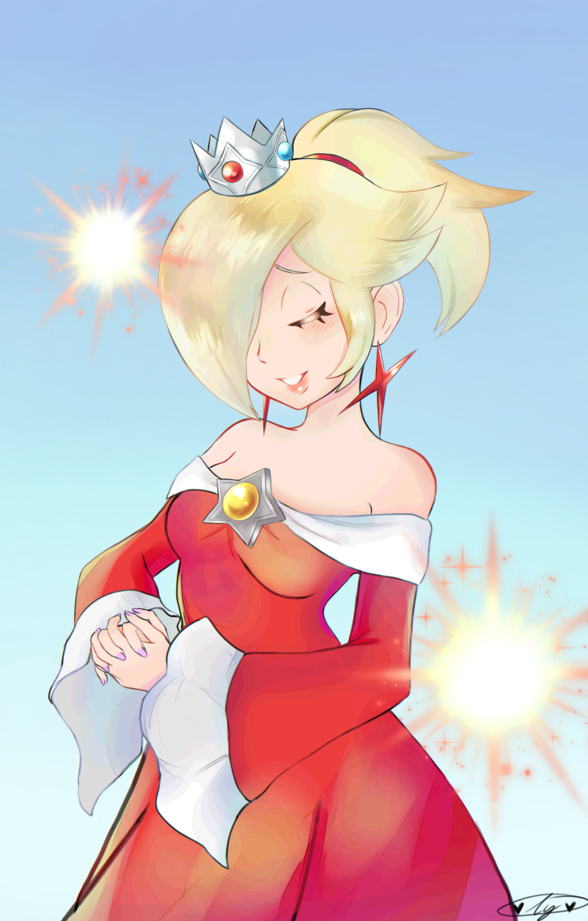 1girl, bare_shoulders, blonde_hair, closed_eyes, dress, fire_rosalina, highres, krystalstar70