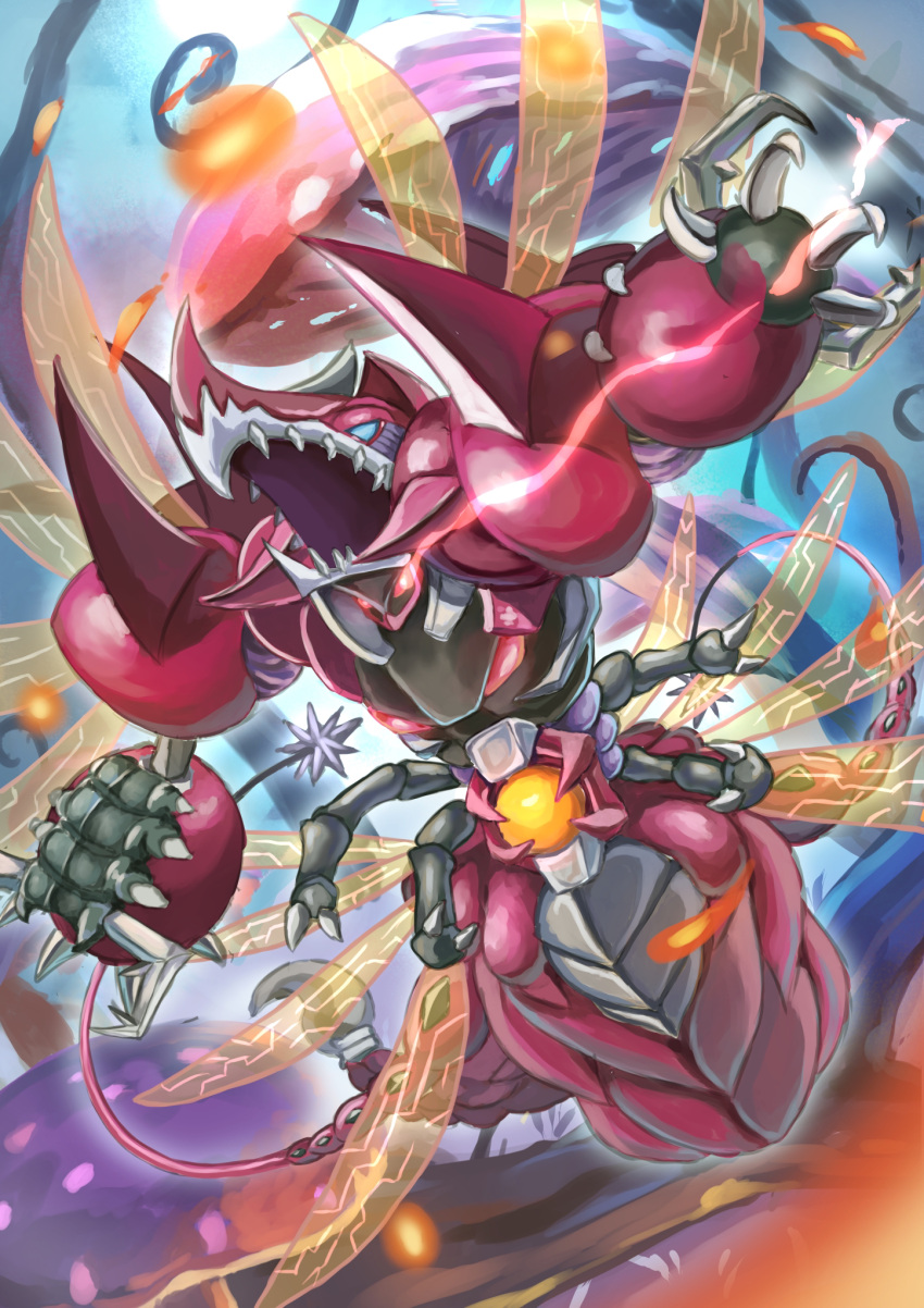 blurry, blurry_background, blurry_foreground, bug, colored_skin, digimon, digimon_(creature), extra_arms, forest, full_body, gem, giant_mushroom, highres, insect_wings, kou_(xcws3487), multiple_wings, mushroom, nature, no_humans, open_mouth, purple_skin, sharp_teeth, solo, spikes, teeth, tyrantkabuterimon, wings