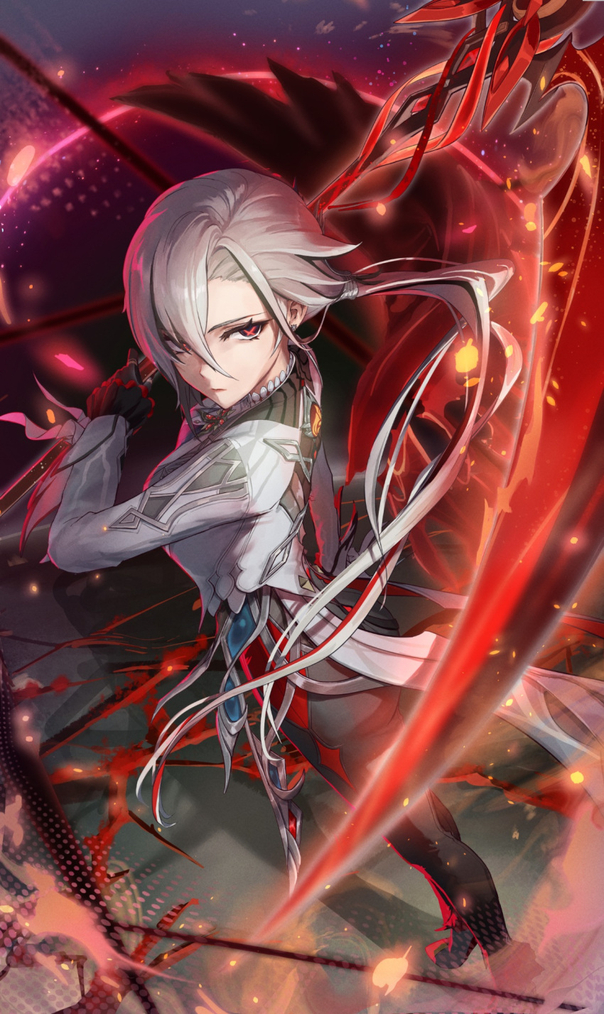 1girl, arlecchino_(genshin_impact), black_eyes, black_hands, black_pants, closed_mouth, coat, coattails, commentary_request, crack, cracked_floor, crimson_moon's_semblance_(genshin_impact), dark_background, dekalco, embers, from_behind, genshin_impact, hair_between_eyes, high_heels, highres, holding, holding_scythe, long_hair, looking_at_viewer, multicolored_hair, pants, parted_bangs, ponytail, red_pupils, scythe, single_wing, solo, standing, stiletto_heels, streaked_hair, symbol-shaped_pupils, very_long_hair, vision_(genshin_impact), white_coat, white_hair, wings, x-shaped_pupils