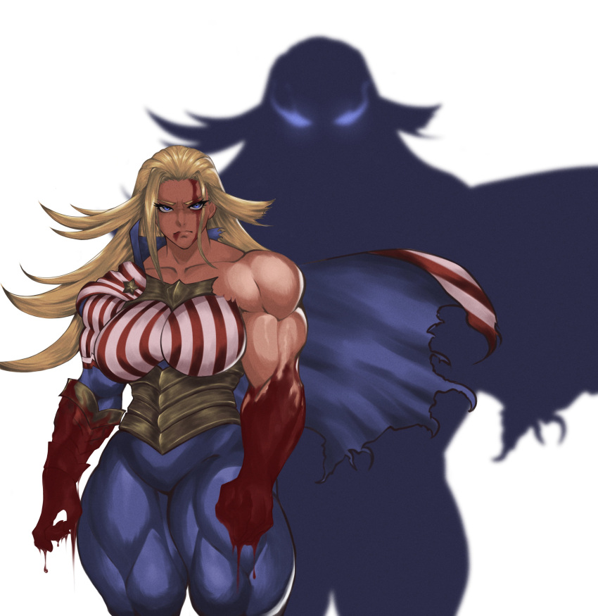 absurdres, blonde_hair, blood, blood_on_arm, blood_on_face, boku_no_hero_academia, cape, glowing