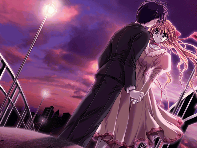 1boy, 1girl, black_pants, black_suit, clouds, cloudy_sky, couple, futaba_ryouko, game_cg, glasses, green_eyes, hetero, holding_hands, lamppost, long_hair, maeda_kouji, mitsumi_misato, orange_hair, outdoors, pants, pia_carrot_(series), pia_carrot_e_youkoso!!_2, sky, suit, sunset