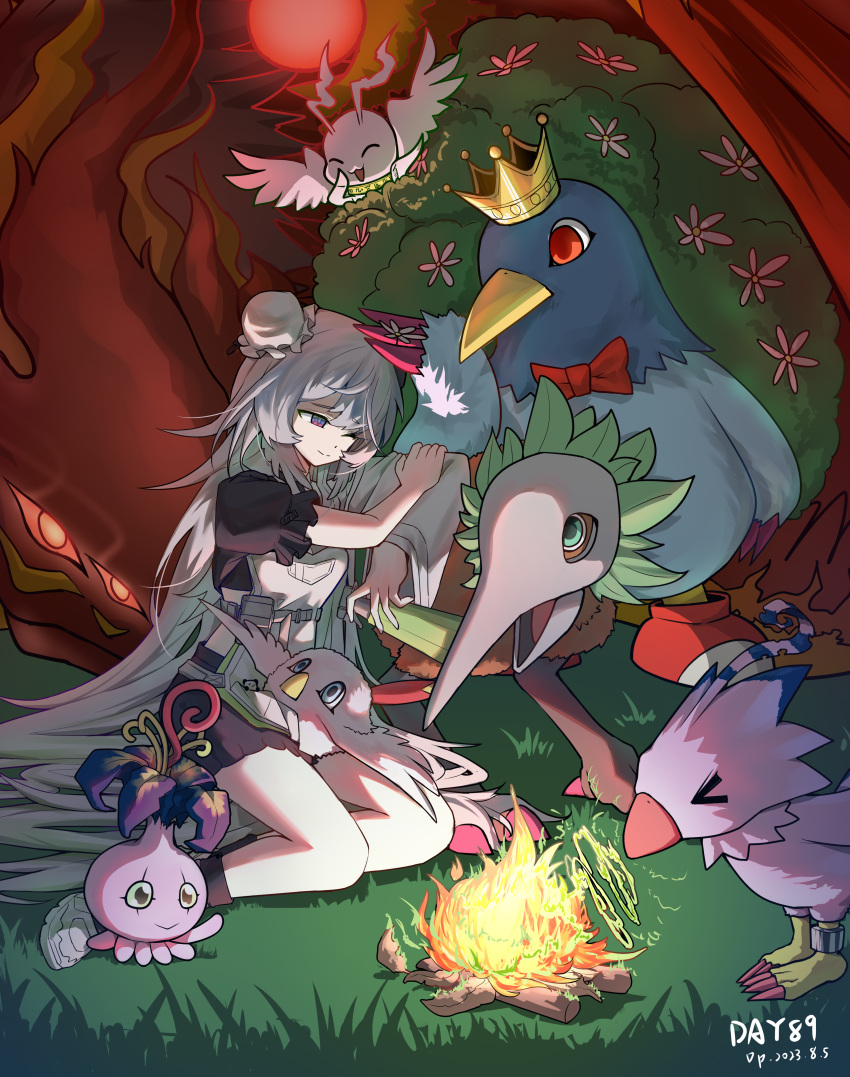 1girl, absurdres, apron, arknights, black_bloomers, bloomers, bun_cover, campfire