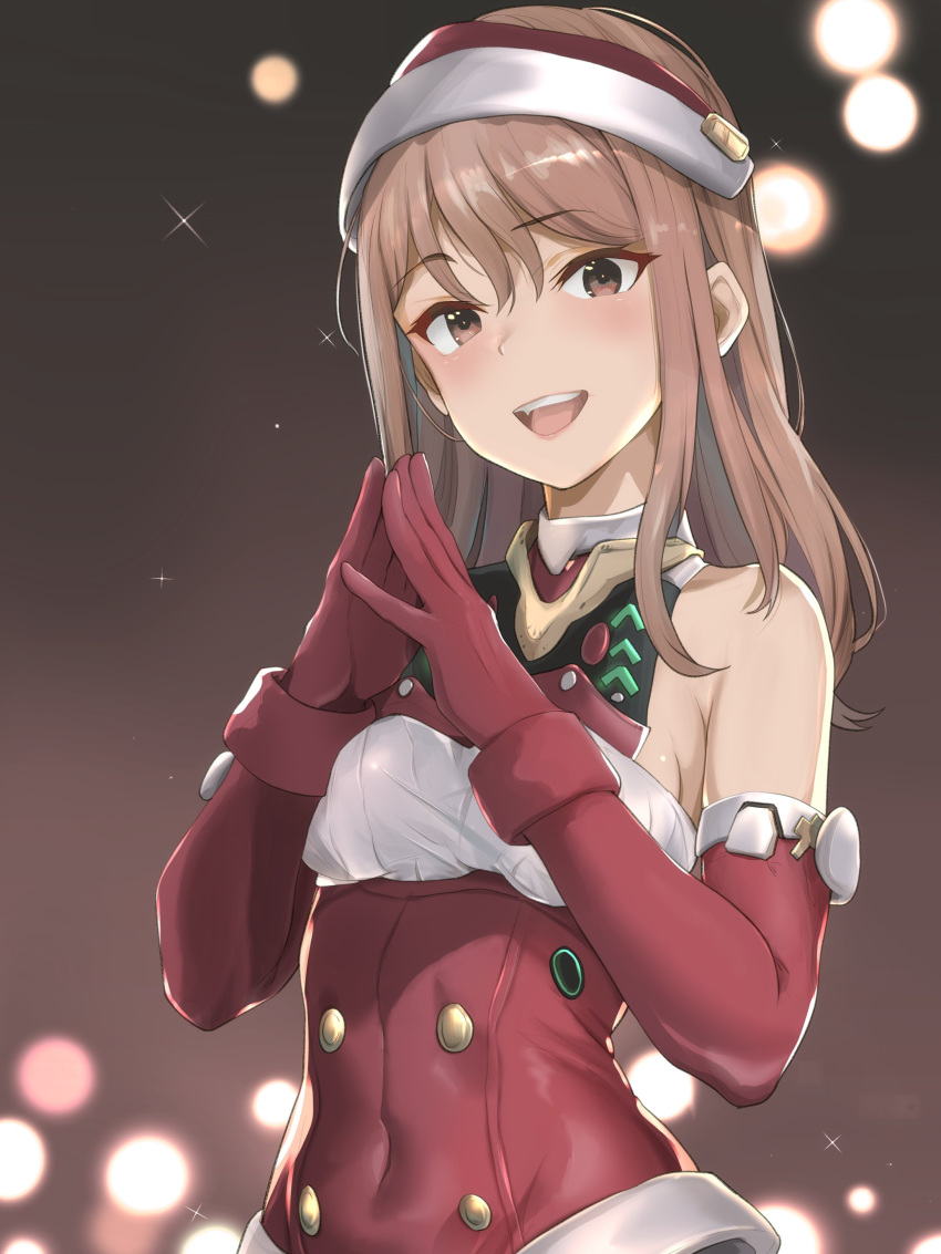 absurdres, airport96, alice_gear_aegis, bare_shoulders, brown_eyes, brown_hair, dress, hat