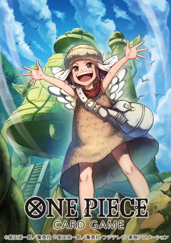1girl, aisa_(one_piece), arms_up, bag, bell, bird, child, commentary_request, copyright_name, dress, hat, looking_ahead, mini_wings, nekobayashi, official_art, one_piece, one_piece_card_game, open_mouth, purple_hair, short_hair, shoulder_bag, sky, smile, upper_body, white_wings, wind, wings