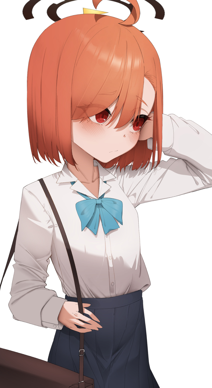 1girl, ahoge, alternate_costume, alternate_hairstyle, aqua_bow, aqua_bowtie, bag, blue_archive