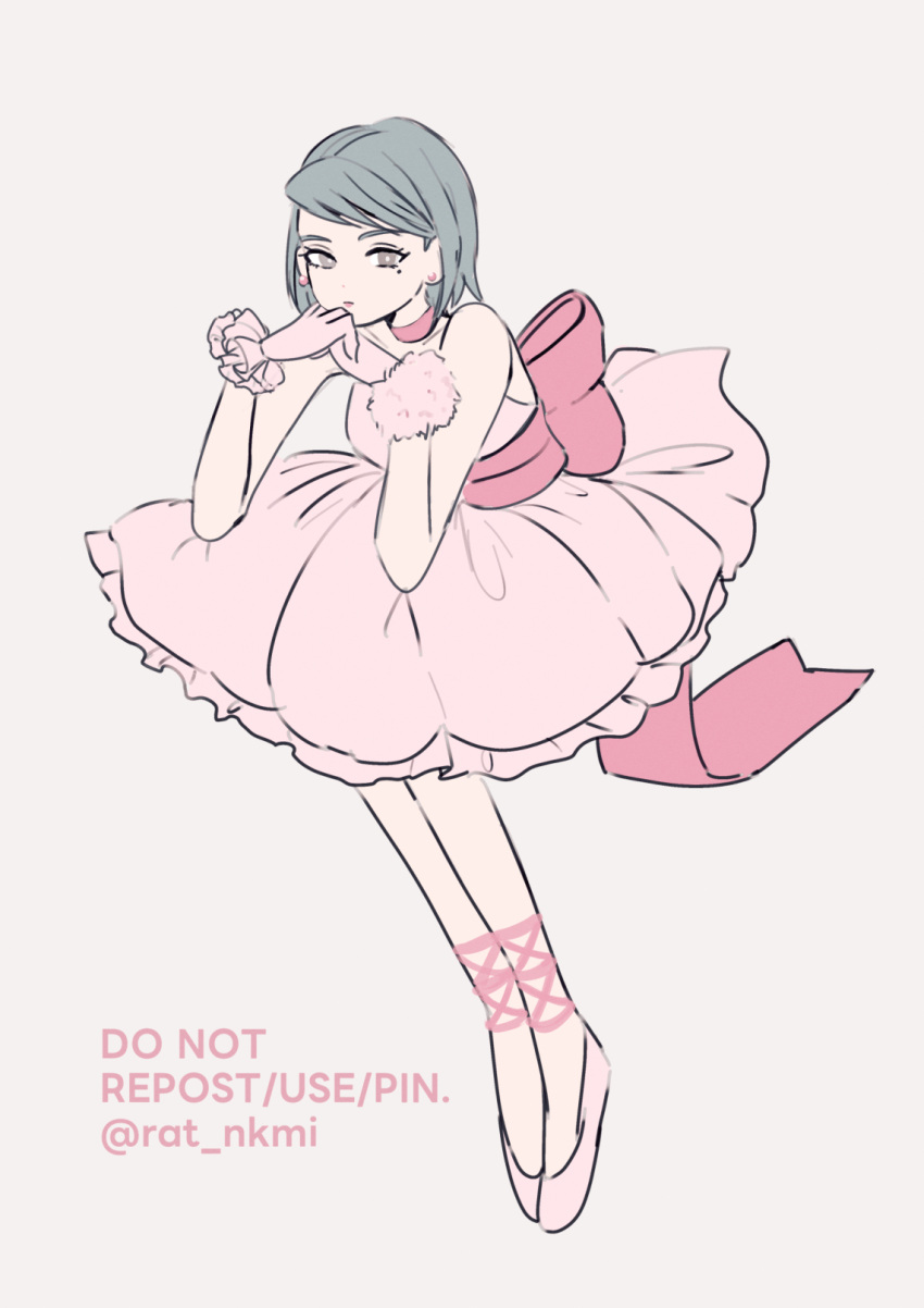 1girl, ace_attorney, ballet_slippers, bare_shoulders, bow, bright_pupils, choker, closed_mouth