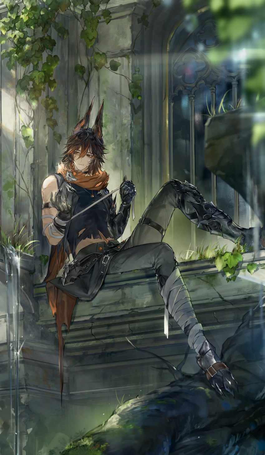1boy, absurdres, animal_ears, arm_strap, bandaged_leg, bandages, black_choker, black_gloves