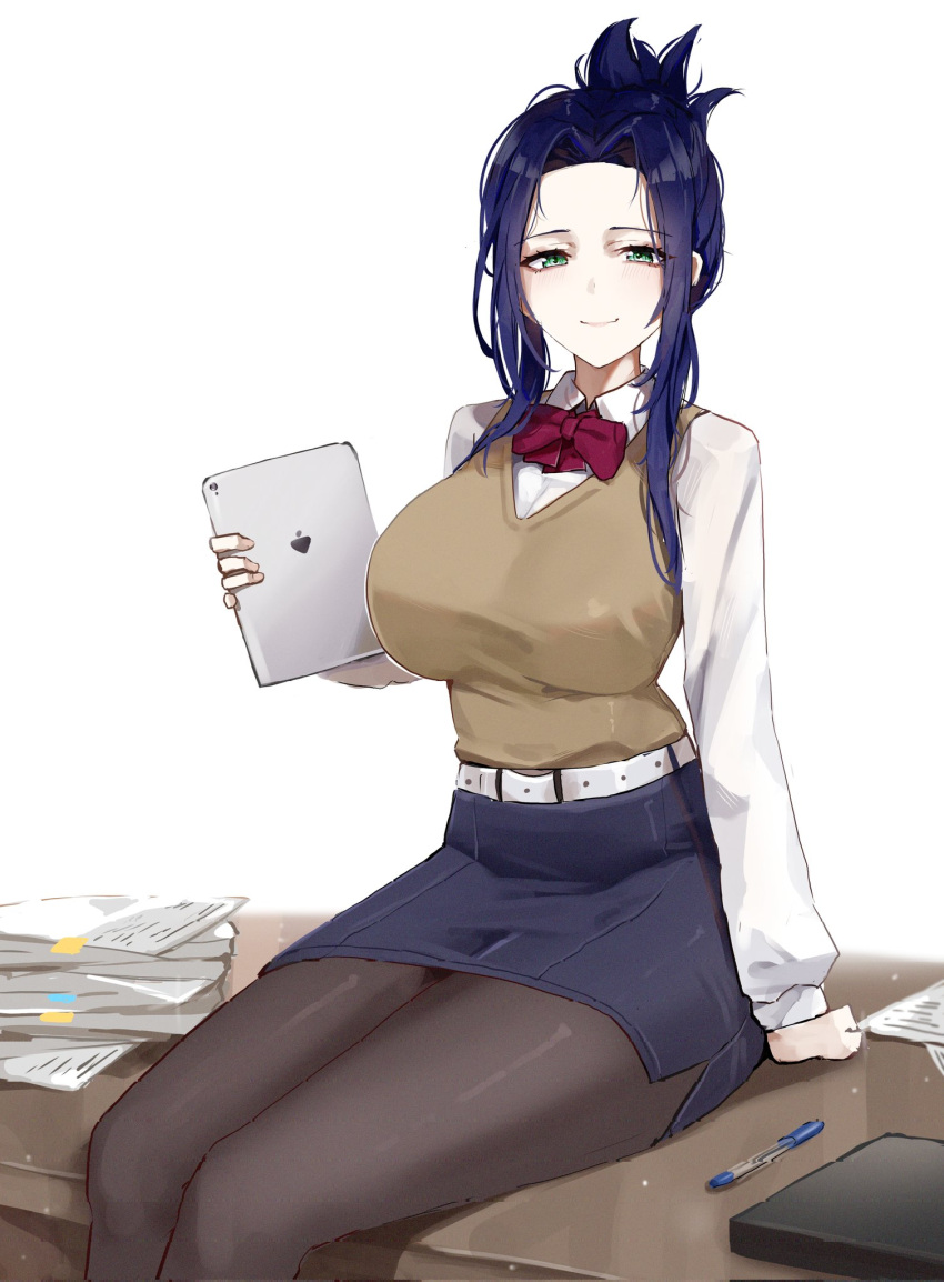 1girl, against_wall, belt, binder, black_pantyhose, blue_hair, blush, bow