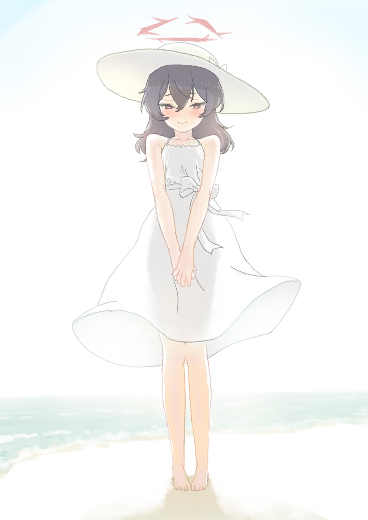 1girl, barefoot, beach, blue_archive, blush, closed_mouth, collarbone, dress