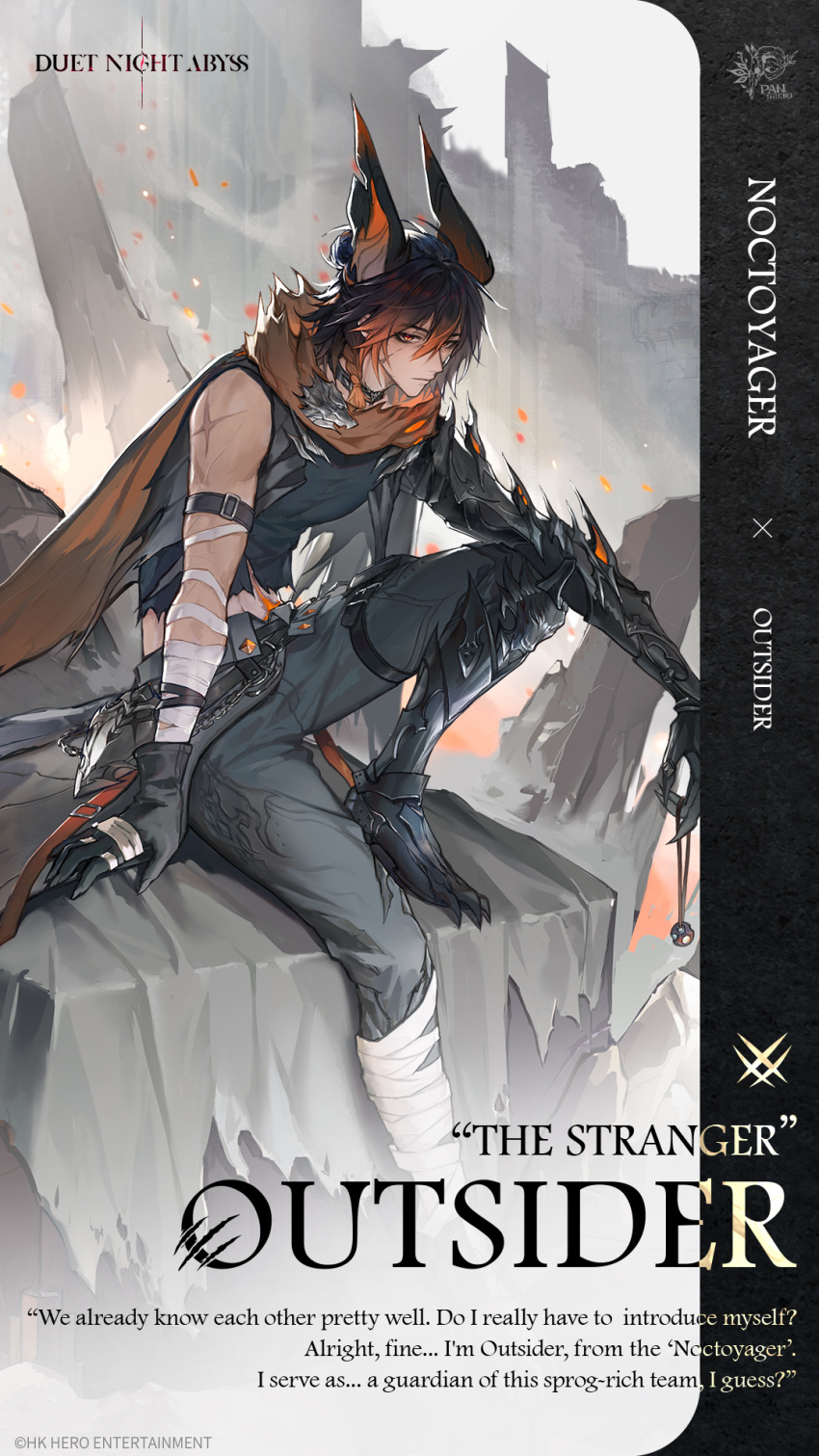 1boy, animal_ears, arm_belt, bandage_on_face, bandaged_arm, bandaged_hand, bandaged_leg, bandages