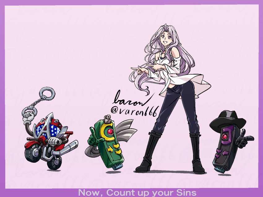 1girl, bare_shoulders, baron_(varon666), black_bra, black_hat, black_pants, bra, chemy