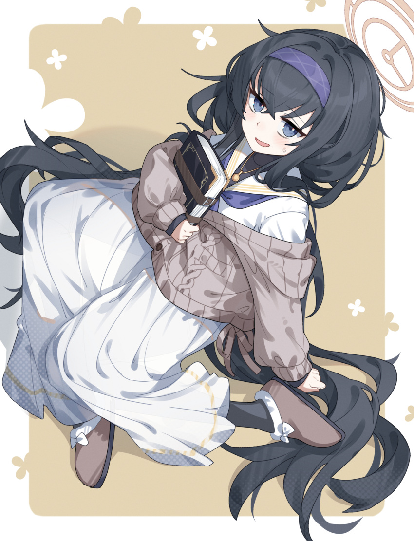 1girl, bags_under_eyes, black_hair, blue_archive, book, brown_background, brown_cardigan, brown_footwear