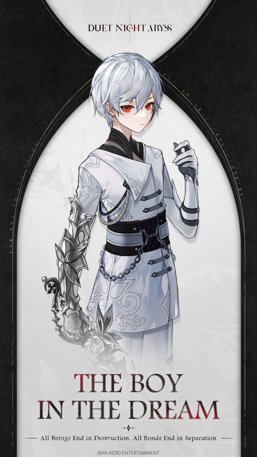 1boy, arm_armor, chain, character_name, closed_mouth, coat, commentary, copyright_name