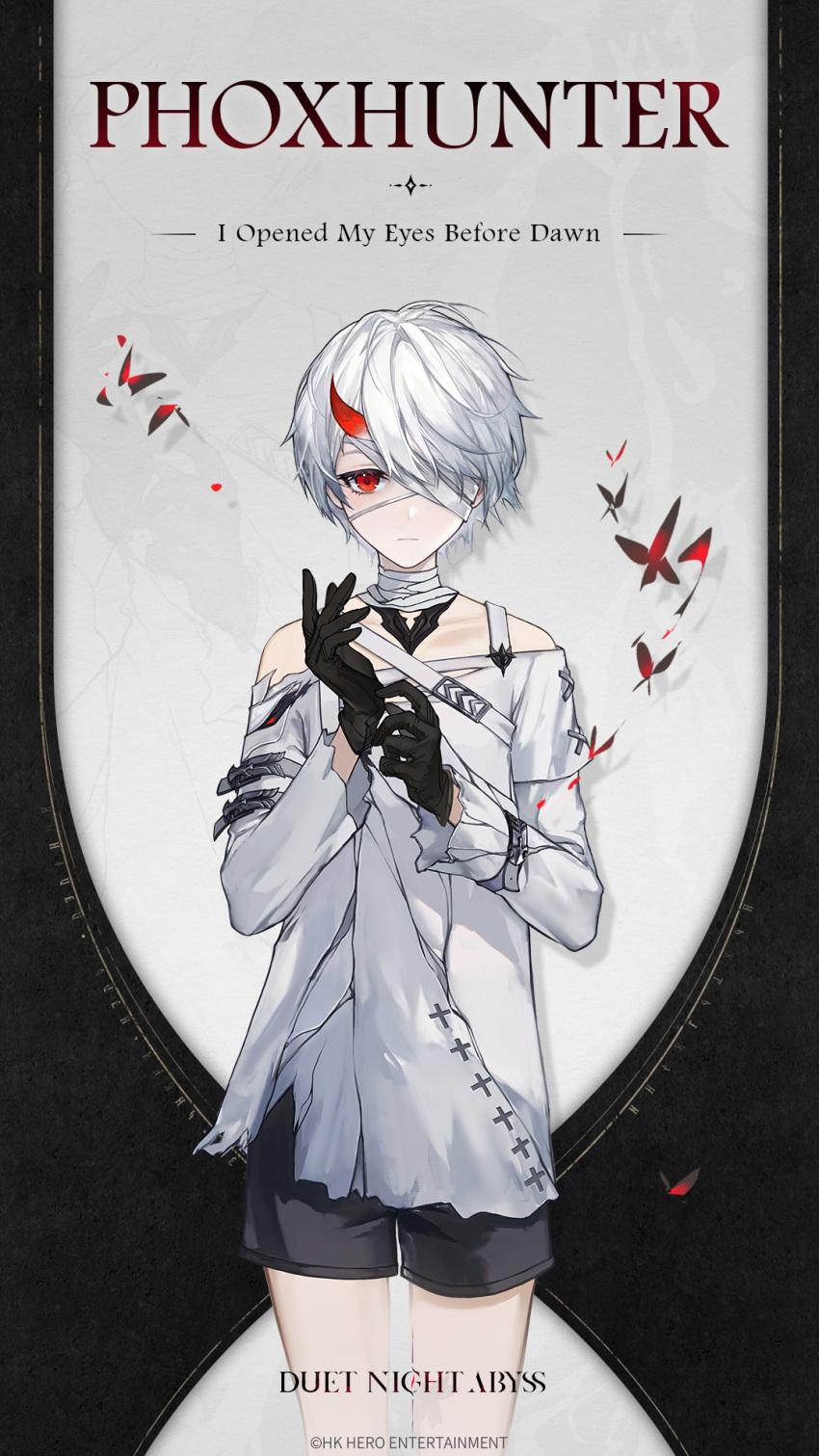 1boy, adjusting_clothes, adjusting_gloves, arm_belt, bandage_over_one_eye, bandaged_neck, bandages, bare_legs