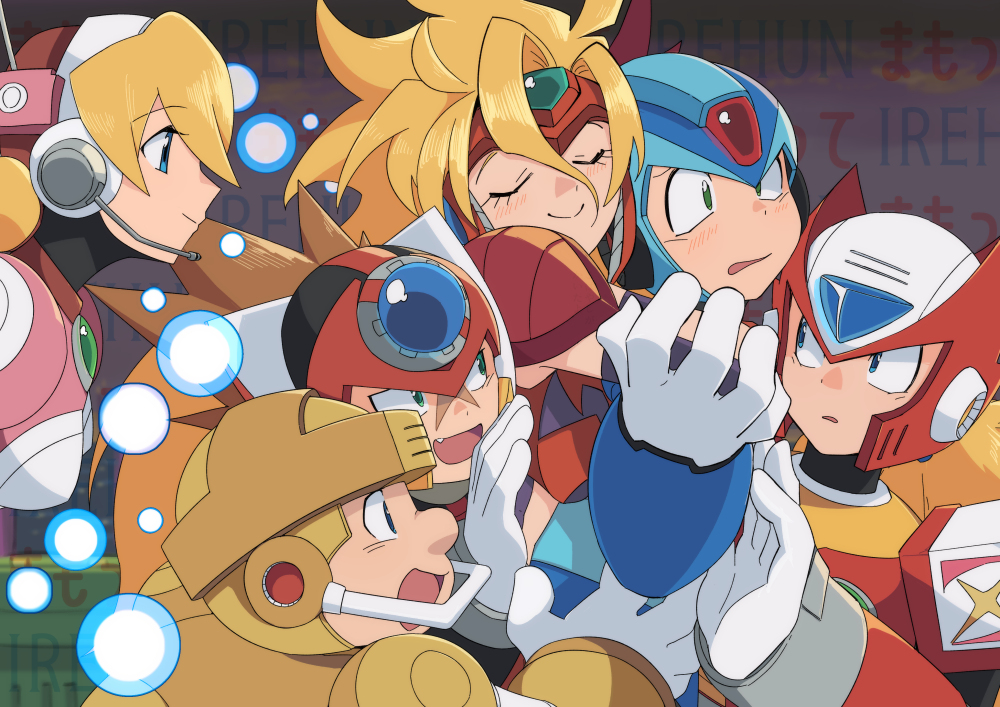 2girls, 4boys, alia_(mega_man), android, armor, axl_(mega_man), blonde_hair, blue_helmet, brown_hair, chest_jewel, cross_scar, double_(mega_man), forehead_jewel, headgear, helmet, hug, hug_from_behind, long_hair, mamotte_shugogetten!, marty_(mega_man), mega_man_(series), mega_man_x_(series), multiple_boys, multiple_girls, oonami_watari, parody, red_armor, red_helmet, scar, scar_on_face, shoulder_armor, spiky_hair, upper_body, x_(mega_man), yellow_helmet, zero_(mega_man)