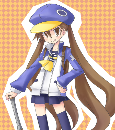 bag, baseball_bat, brown_eyes, brown_hair, disgaea, hat, jacket, karina