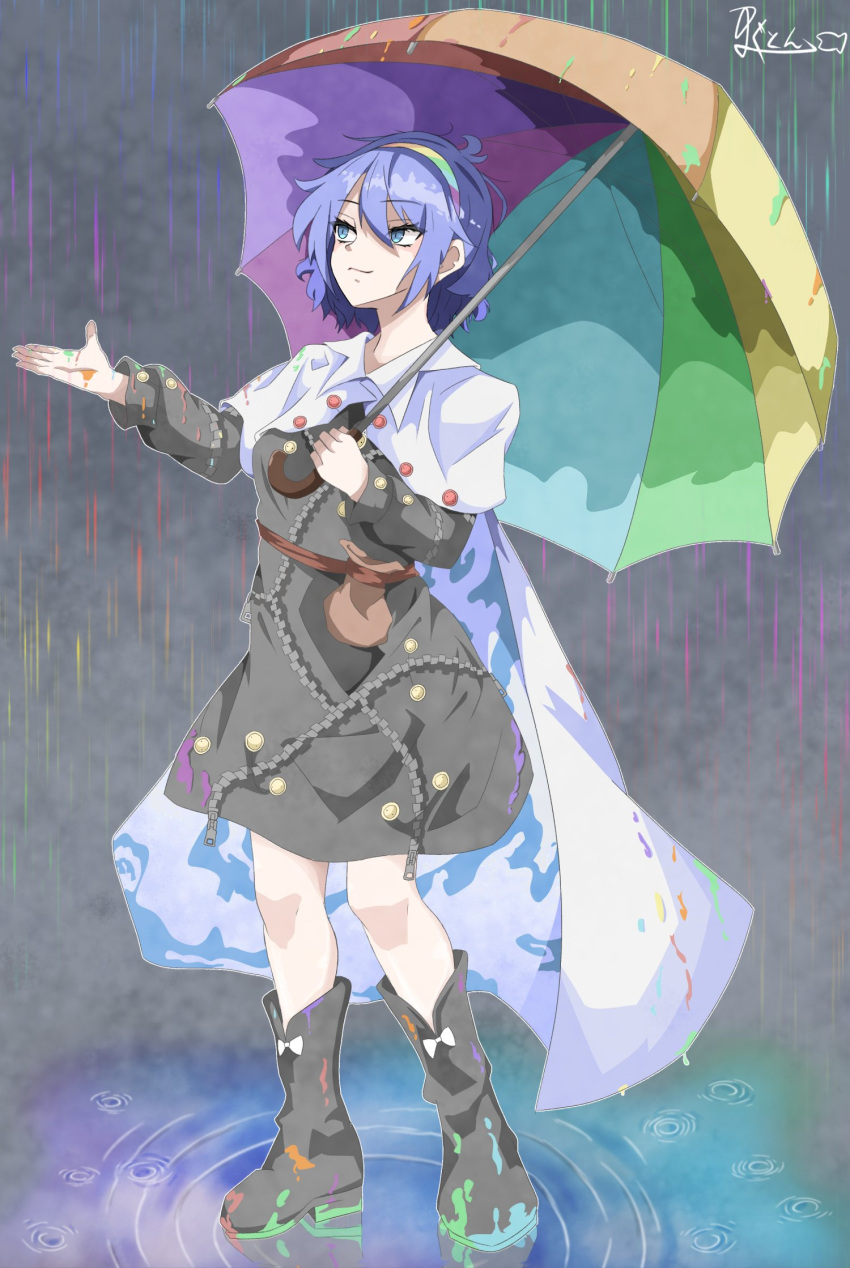 1girl, :3, belt_pull, black_dress, black_footwear, blue_eyes, blue_hair, boots