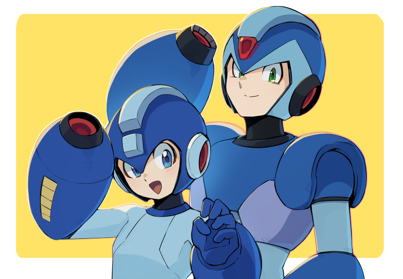 2boys, arm_cannon, arm_up, armor, blue_armor, blue_bodysuit, blue_eyes, blue_helmet