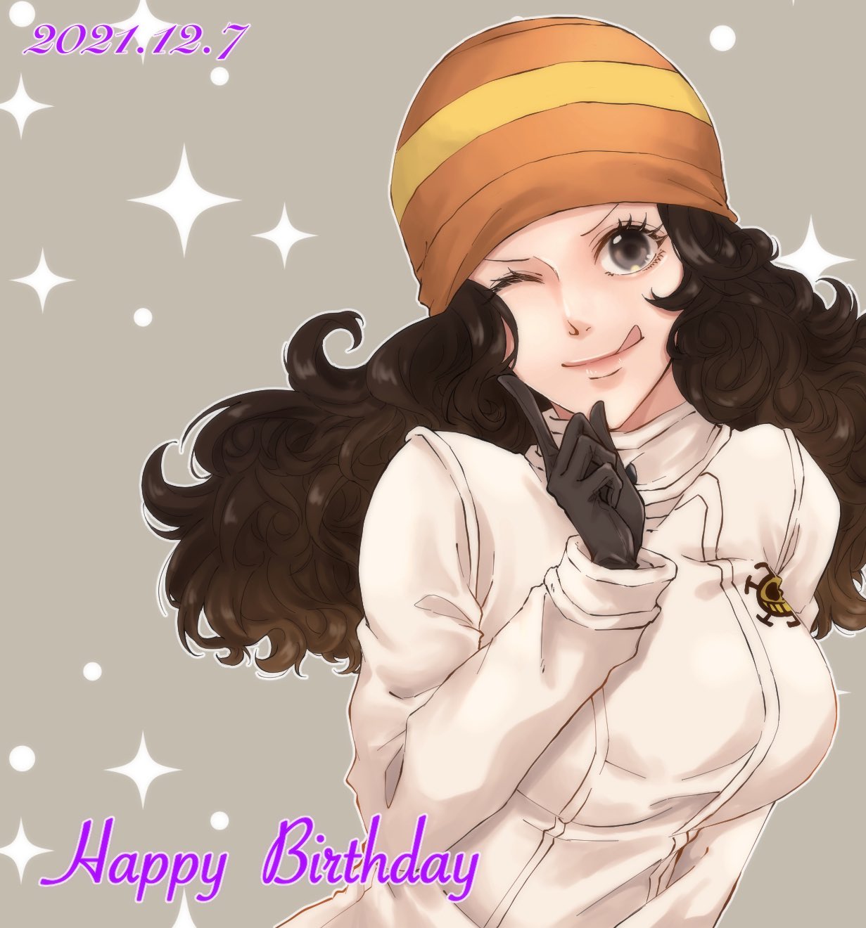 1girl, ;p, brown_hair, commentary_request, dated, gloves, happy_birthday, hat