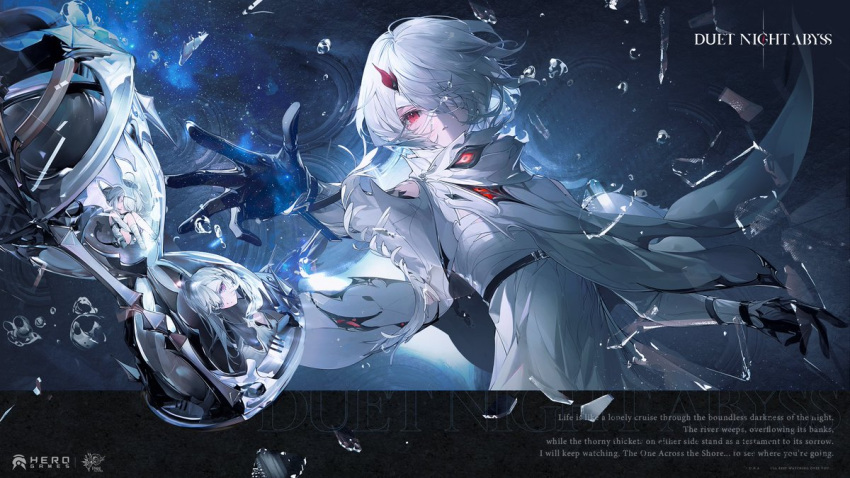 3girls, bandage_over_one_eye, bandaged_leg, bandages, berenica_(duet_night_abyss), black_gloves, black_tail, bubble