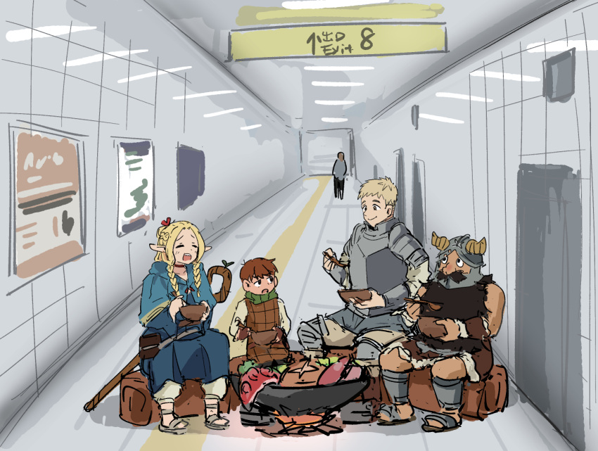 1girl, 3boys, ambrosia_(dungeon_meshi), armor, beard, blonde_hair, blue_capelet, blue_robe