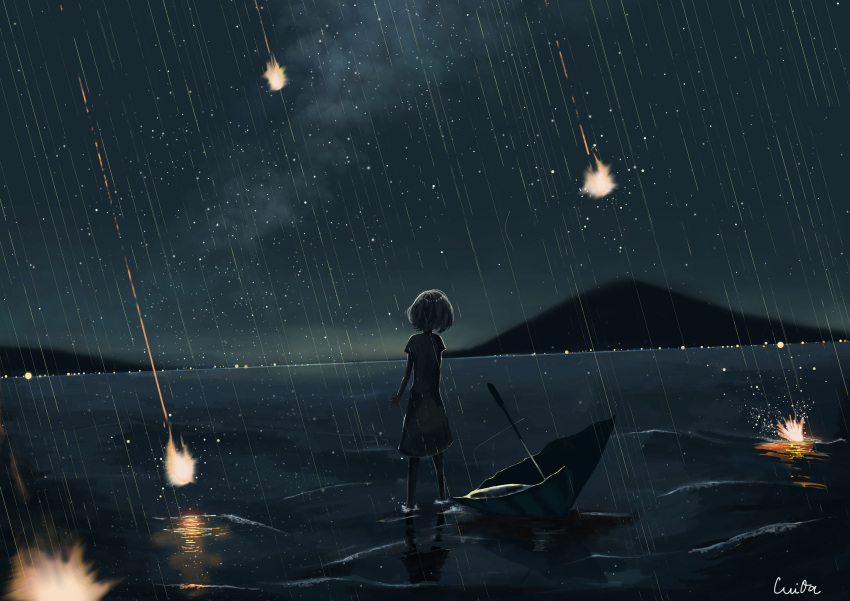 1girl, absurdres, dress, hanm_rabi, highres, lake, mountain, night