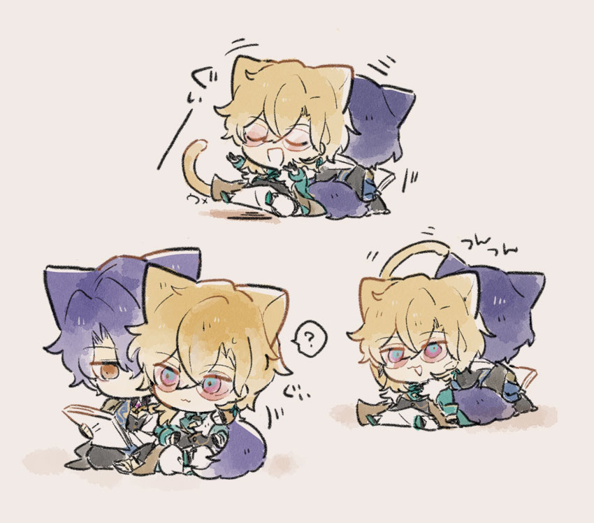 2boys, :3, aventurine_(honkai:_star_rail), blonde_hair, blue_hair, cat_boy, cheesegohanpan, chibi