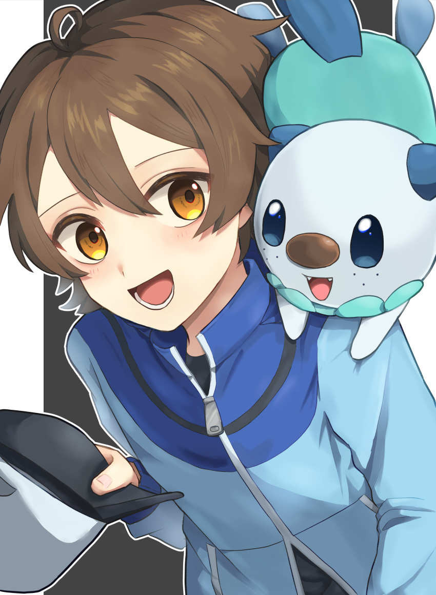 1boy, :d, absurdres, black_shirt, blue_jacket, blush, brown_hair, commentary_request