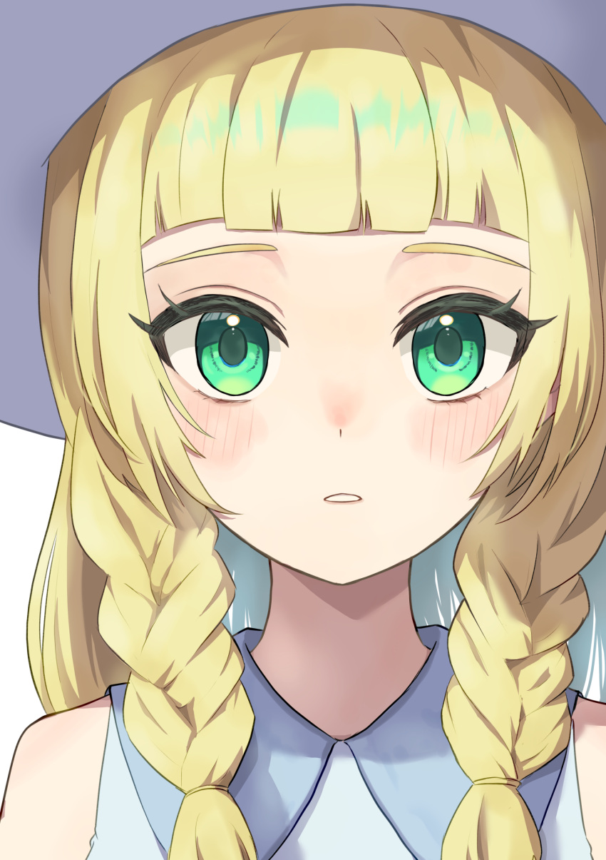 1girl, blonde_hair, blush, braid, collared_dress, commentary_request, dress, ebi-chan_(tvyd2583), eyelashes, green_eyes, hat, highres, lillie_(pokemon), long_hair, looking_at_viewer, parted_lips, pokemon, pokemon_sm, sleeveless, sleeveless_dress, solo, sun_hat, twin_braids, upper_body, white_dress