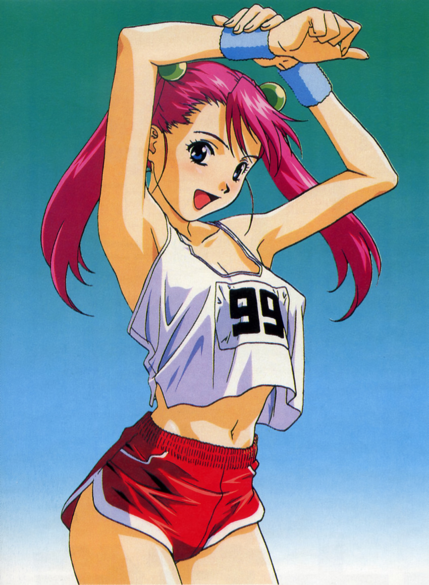 1990s_(style), 1girl, arms_up, blue_eyes, cowboy_shot, dolphin_shorts, gradient_background, hair_bobbles